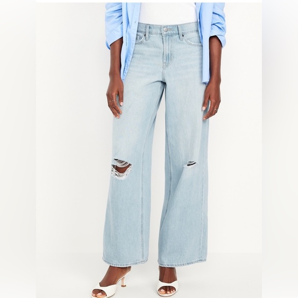 Old navy mid-rise ripped baggy wide-leg jeans light distressed - Picture 2 of 9